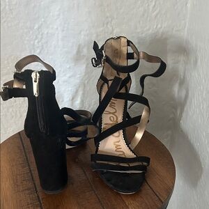 Sam Edelman Black Suede Strappy Block Heel Sandals with Gold Accents